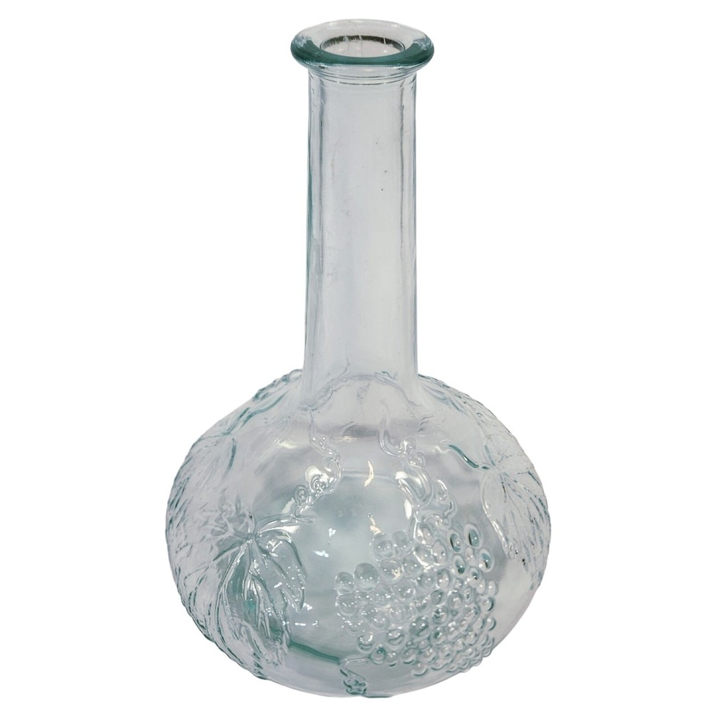 Vtg‎ Clear Glass Pale Green Tint Decanter Raised Grapes Leaves 9" Barware Gift